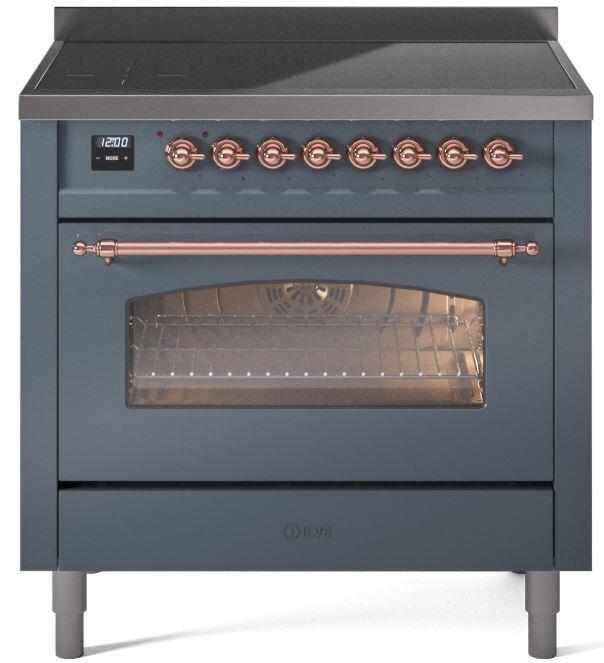 Ilve UPI366NMPBGP Nostalgie Ii 36 Inch Electric Freestanding Range In Blue Grey With Copper Trim