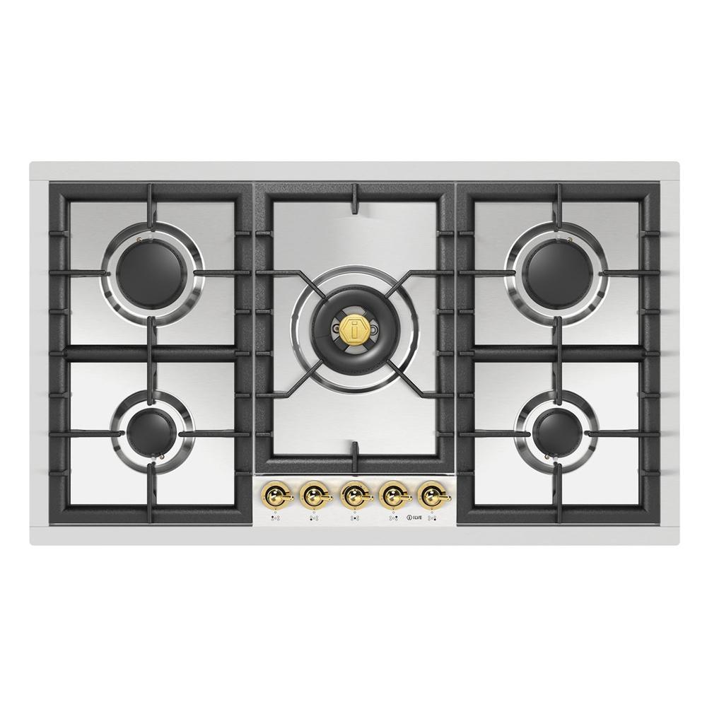 Ilve UHCPT95NSSG Ilve Uhcpt95Nssg Nostalgie Ii 36 Inch Built-In Gas Cooktop With Total Black Brass Burners, In Stainless Steel (5 Sealed Burners, Natural Gas)