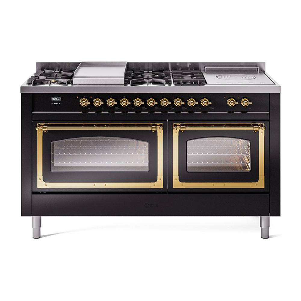 Ilve UN60FSNMPBKGLP Ilve Un60Fsnmpbkglp Nostalgie Ii Noblesse 60" Dual Fuel Range (7 Sealed Burners + Griddle + French Top, Liquid Propane, Triple Glass Door, Glossy Black, Brass)