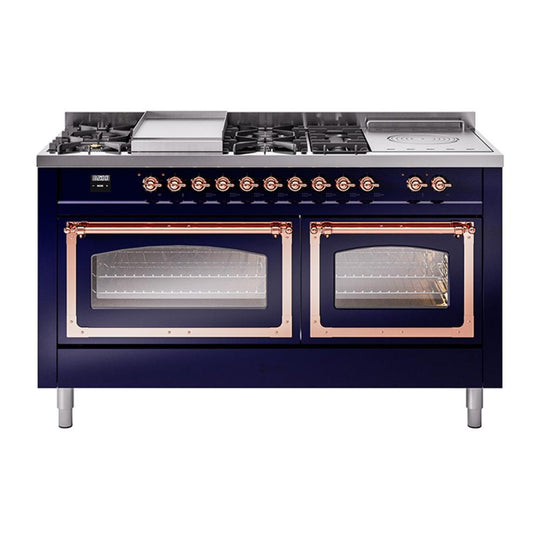 Ilve UN60FSNMPMBP Ilve Un60Fsnmpmbp Nostalgie Ii Noblesse 60" Dual Fuel Range (7 Sealed Burners + Griddle + French Top, Natural Gas, Triple Glass Door, Midnight Blue, Copper)