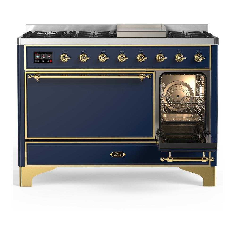 Ilve UM48FQNR3MBGLP Ilve Um48Fqnr3Mbglp Majestic Iii 48 Inch Dual Fuel Range With 8 Burners And Griddle, Dual Function Burner Up To 25,000 Btu (Liquid Propane, Solid Door, Midnight Blue, Brass)