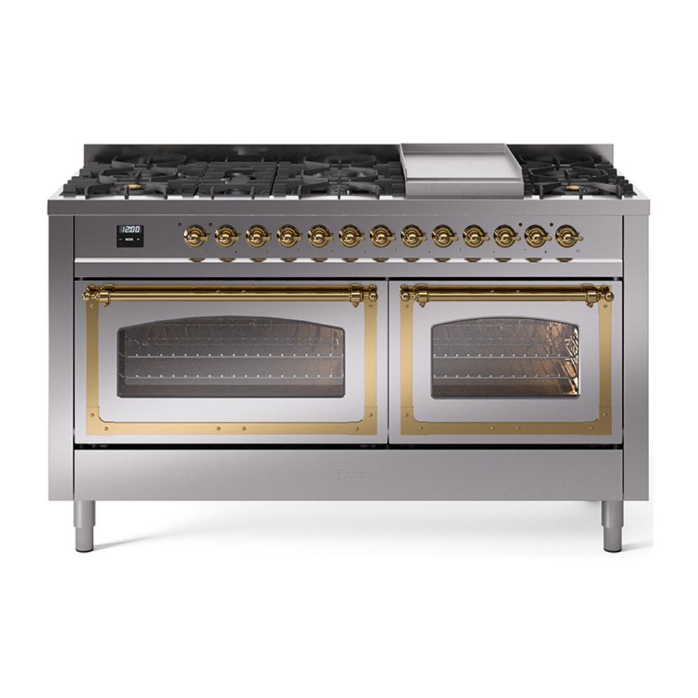 Ilve UN60FNMPSSG Ilve Un60Fnmpssg Nostalgie Ii Noblesse 60" Dual Fuel Range (9 Sealed Burners + Griddle, Natural Gas, Triple Glass Door, Stainless Steel, Brass)