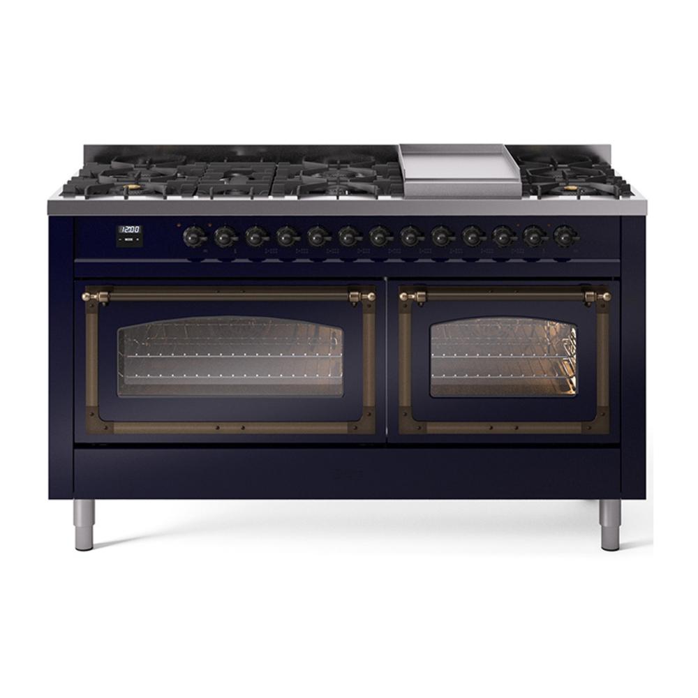 Ilve UN60FNMPMBBLP Ilve Un60Fnmpmbblp Nostalgie Ii Noblesse 60" Dual Fuel Range (9 Sealed Burners + Griddle, Liquid Propane, Triple Glass Door, Midnight Blue, Burnished)