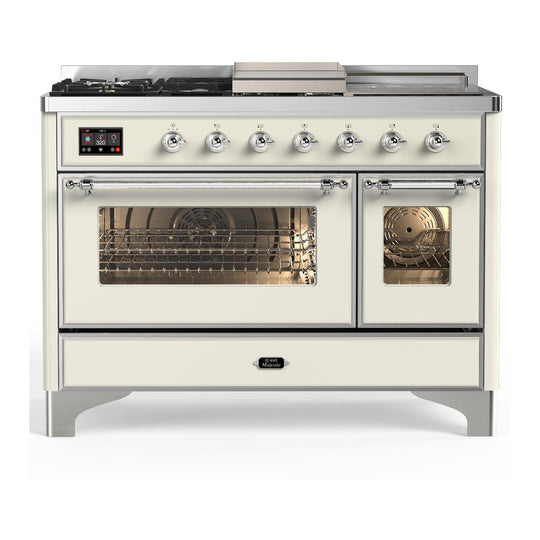 Ilve UM48FSNR3AWC Ilve Um48Fsnr3Awc Majestic Iii 48 Inch Dual Fuel Range With 5 Black Brass Burners, Griddle And French Top, Dual Function Burner Up To 25,000 Btu (Natural Gas, Triple Glass Door, Antique White, Chrome)