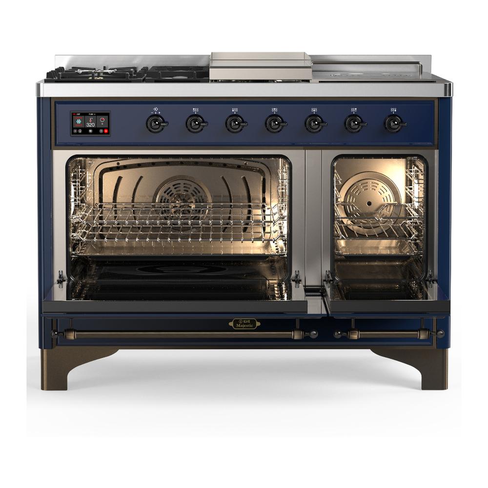 Ilve UM48FSQNR3MBB Ilve Um48Fsqnr3Mbb Majestic Iii 48 Inch Dual Fuel Range With 5 Black Brass Burners, Griddle And French Top, Dual Function Burner Up To 25,000 Btu (Natural Gas, Solid Door, Midnight Blue, Burnished)