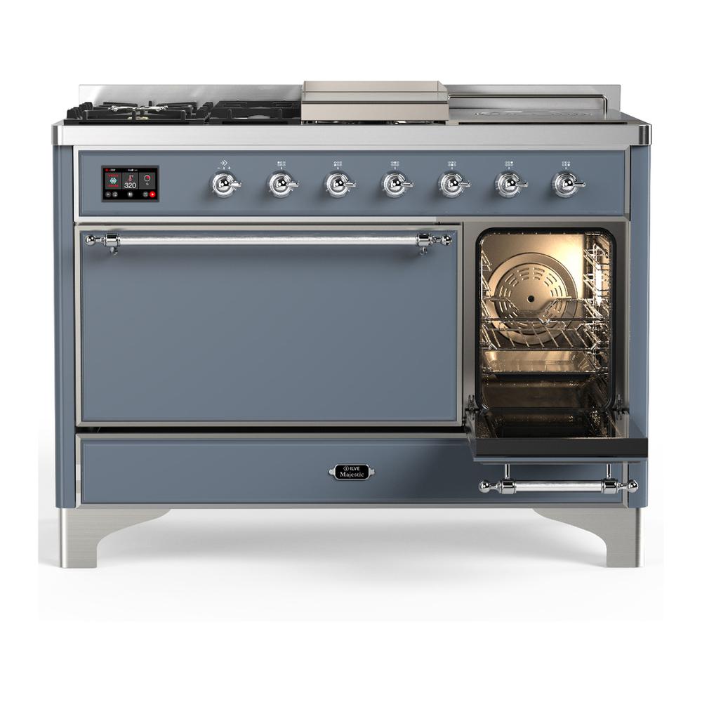Ilve UM48FSQNR3BGC Ilve Um48Fsqnr3Bgc Majestic Iii 48 Inch Dual Fuel Range With 5 Black Brass Burners, Griddle And French Top, Dual Function Burner Up To 25,000 Btu (Natural Gas, Solid Door, Blue Grey, Chrome)
