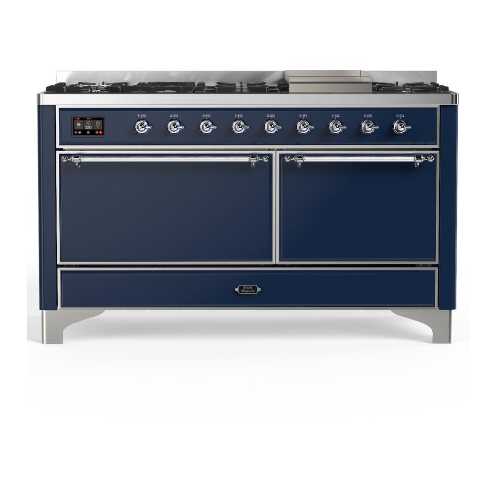 Ilve UM60FQNR3MBCLP Ilve Um60Fqnr3Mbclp Majestic Iii 60 Inch Dual Fuel Range With 9 Burners And Griddle, Dual Function Burner Up To 25,000 Btu (Liquid Propane, Solid Door, Midnight Blue, Chrome)