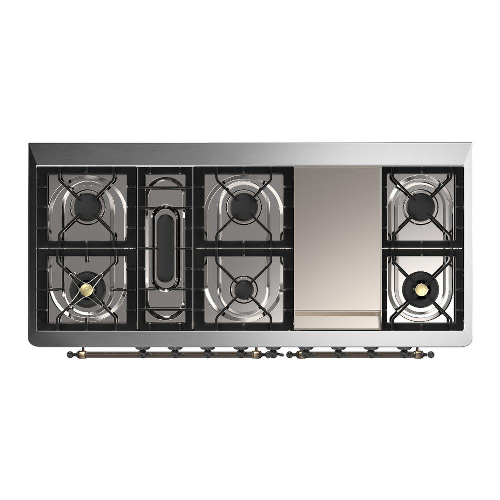 Ilve UM60FNR3BKBLP Ilve Um60Fnr3Bkblp Majestic Iii 60 Inch Dual Fuel Range With 9 Burners And Griddle, Dual Function Burner Up To 25,000 Btu (Liquid Propane, Triple Glass Door, Glossy Black, Burnished)