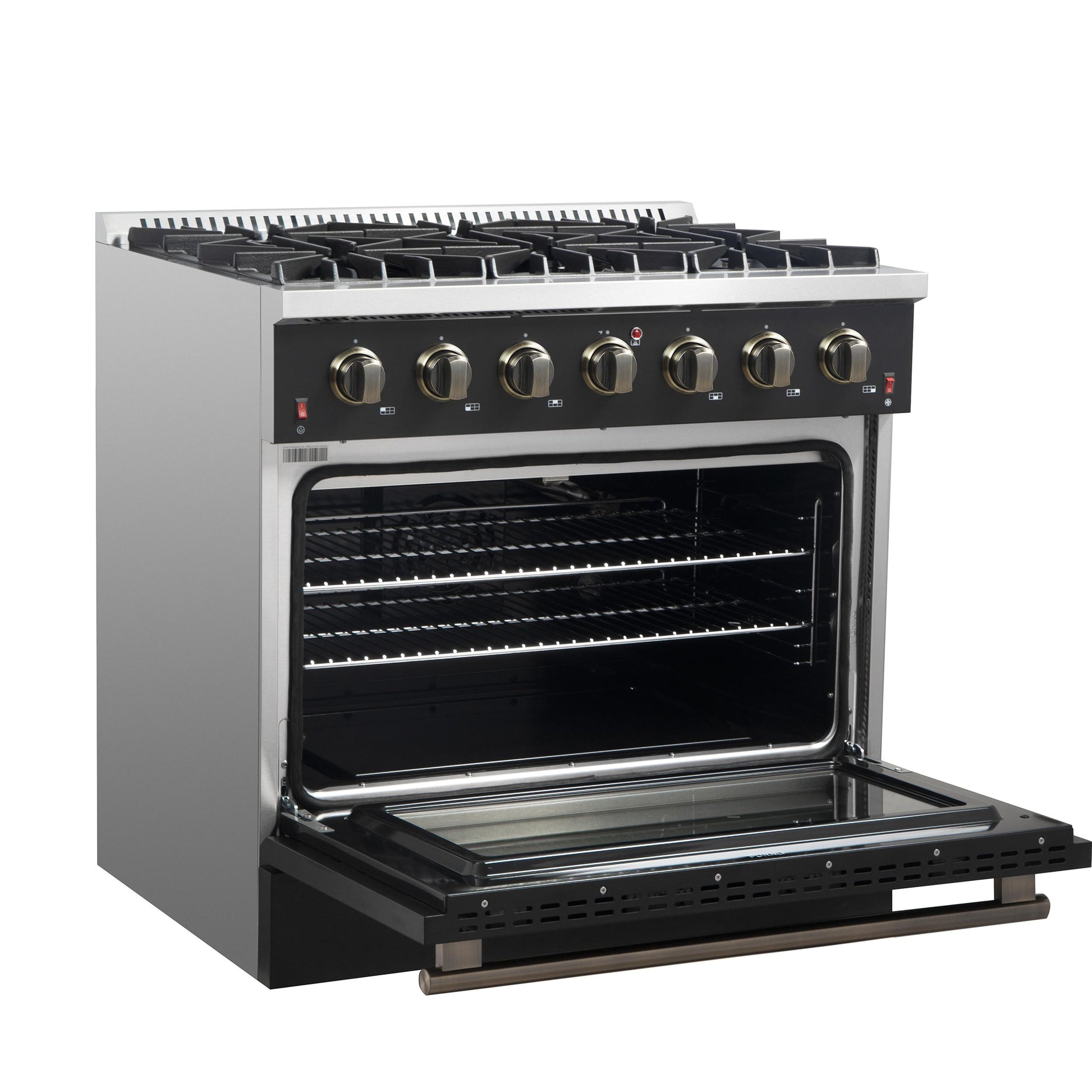 Forno FFSGS624436BLK Forno Galiano 36-Inch Freestanding Gas Range In Black With Antique Brass Design, 6 Burners, 83,000 Btu, 5.36 Cu.Ft. Convection Oven