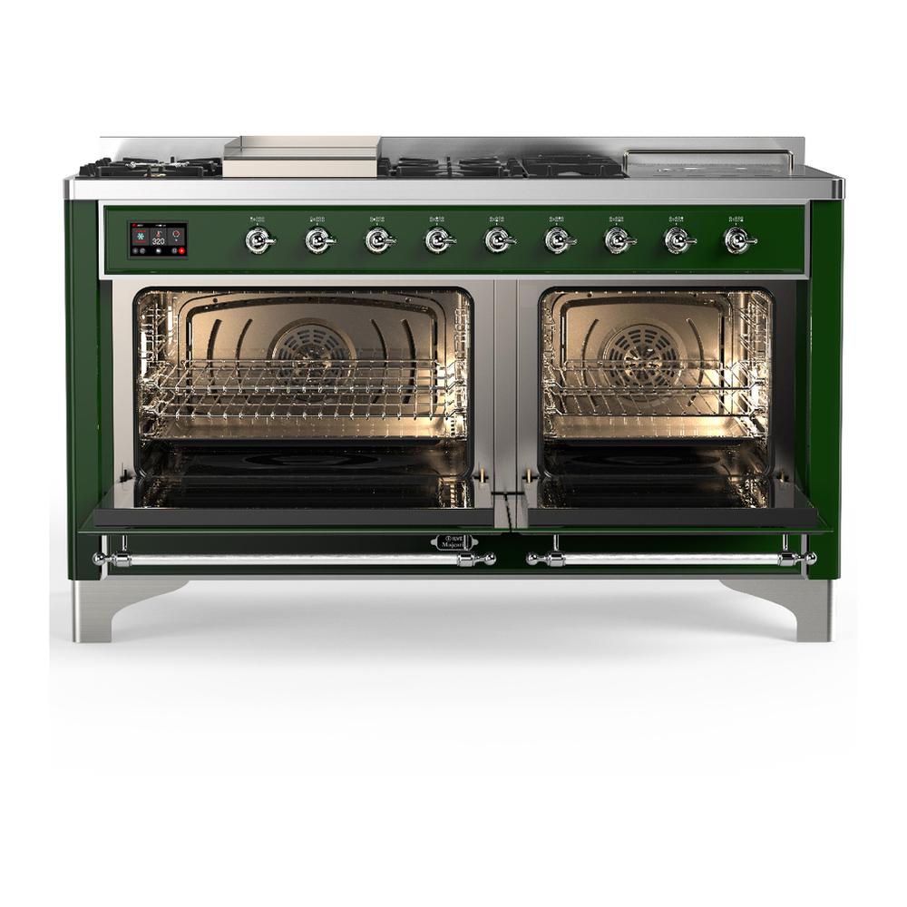 Ilve UM60FSNR3EGCLP Ilve Um60Fsnr3Egclp Majestic Iii 60 Inch Dual Fuel Range With 7 Burners, Griddle And French Top, Dual Function Burner With Up To 25,000 Btu (Liquid Propane, Triple Glass Door, Emerald Green, Chrome)