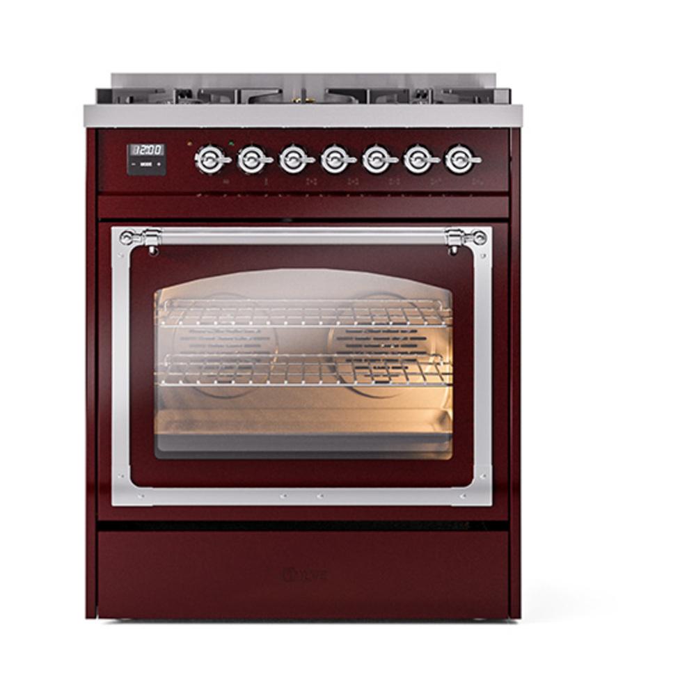 Ilve UN30NMPBUCLP Ilve Un30Nmpbuclp Nostalgie Ii Noblesse 30" Dual Fuel Range (Liquid Propane, Triple Glass Door, Burgundy, Chrome)