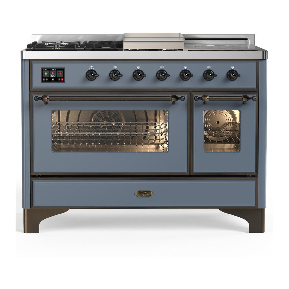 Ilve UM48FSNR3BGB Ilve Um48Fsnr3Bgb Majestic Iii 48 Inch Dual Fuel Range With 5 Black Brass Burners, Griddle And French Top, Dual Function Burner Up To 25,000 Btu (Natural Gas, Triple Glass Door, Blue Grey, Burnished)