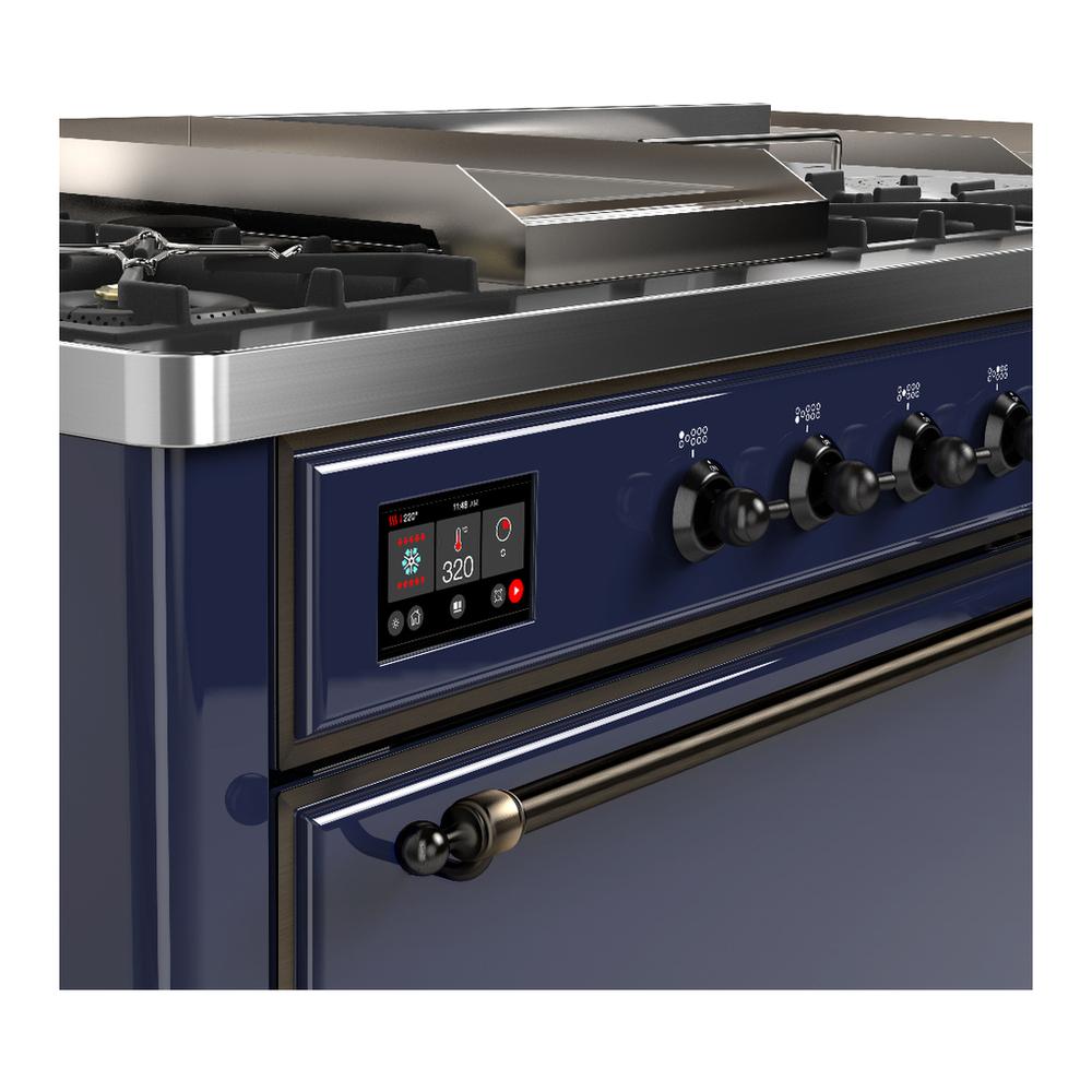 Ilve UM60FSQNR3MBBLP Ilve Um60Fsqnr3Mbblp Majestic Iii 60 Inch Dual Fuel Range With 7 Burners, Griddle And French Top, Dual Function Burner With Up To 25,000 Btu (Liquid Propane, Solid Door, Midnight Blue, Burnished)
