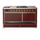 Ilve UM60FSQNR3BUGLP Ilve Um60Fsqnr3Buglp Majestic Iii 60 Inch Dual Fuel Range With 7 Burners, Griddle And French Top, Dual Function Burner With Up To 25,000 Btu (Liquid Propane, Solid Door, Burgundy, Brass)