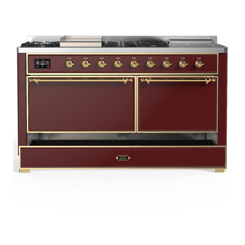 Ilve UM60FSQNR3BUGLP Ilve Um60Fsqnr3Buglp Majestic Iii 60 Inch Dual Fuel Range With 7 Burners, Griddle And French Top, Dual Function Burner With Up To 25,000 Btu (Liquid Propane, Solid Door, Burgundy, Brass)