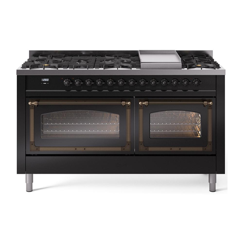 Ilve UN60FNMPBKBLP Ilve Un60Fnmpbkblp Nostalgie Ii Noblesse 60" Dual Fuel Range (9 Sealed Burners + Griddle, Liquid Propane, Triple Glass Door, Glossy Black, Burnished)