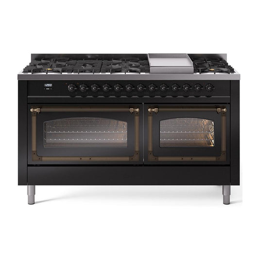 Ilve UN60FNMPBKBLP Ilve Un60Fnmpbkblp Nostalgie Ii Noblesse 60" Dual Fuel Range (9 Sealed Burners + Griddle, Liquid Propane, Triple Glass Door, Glossy Black, Burnished)