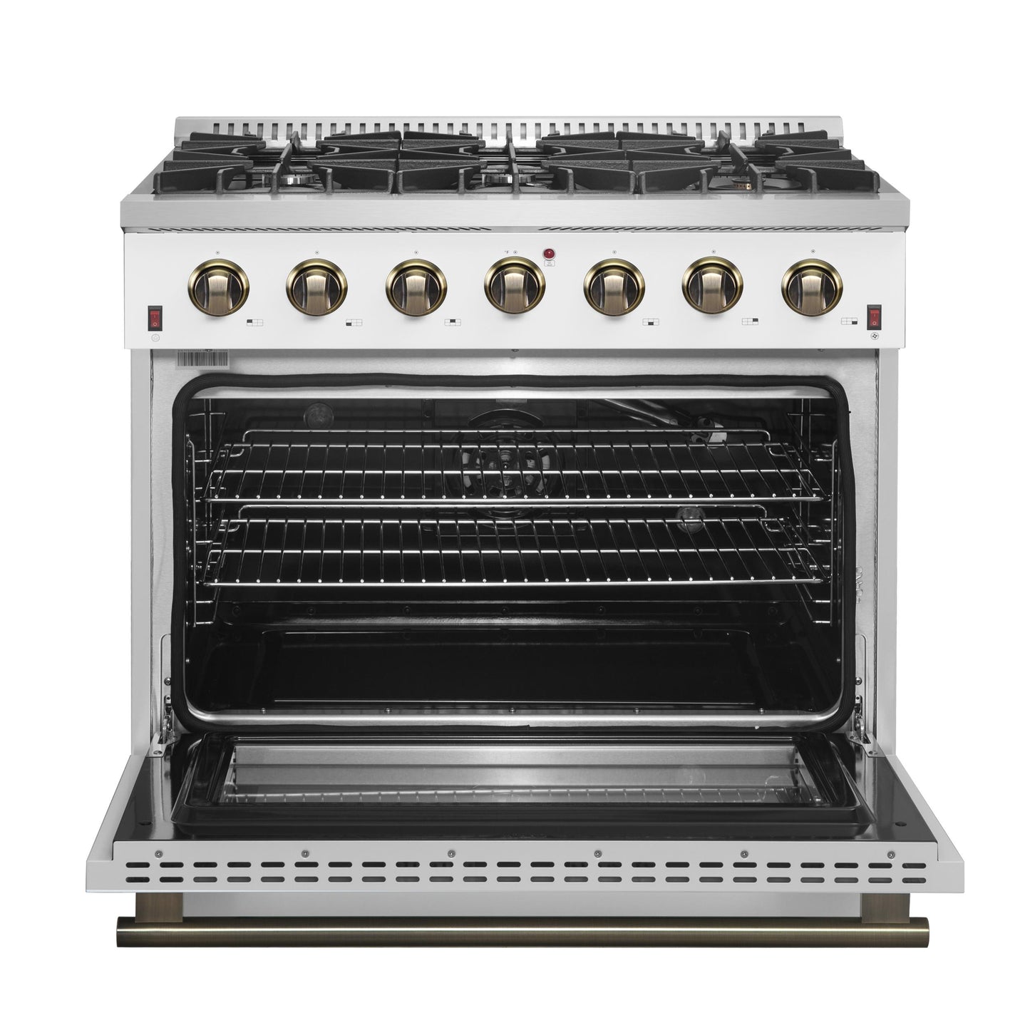 Forno FFSGS624436WHT Forno Galiano 36-Inch Freestanding Gas Range In White With Antique Brass Design, 6 Burners, 83,000 Btu, 5.36 Cu.Ft. Convection Oven