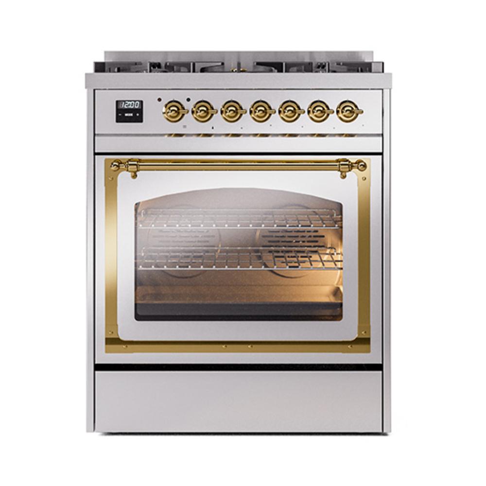 Ilve UN30NMPSSG Ilve Un30Nmpssg Nostalgie Ii Noblesse 30" Dual Fuel Range (Natural Gas, Triple Glass Door, Stainless Steel, Brass)