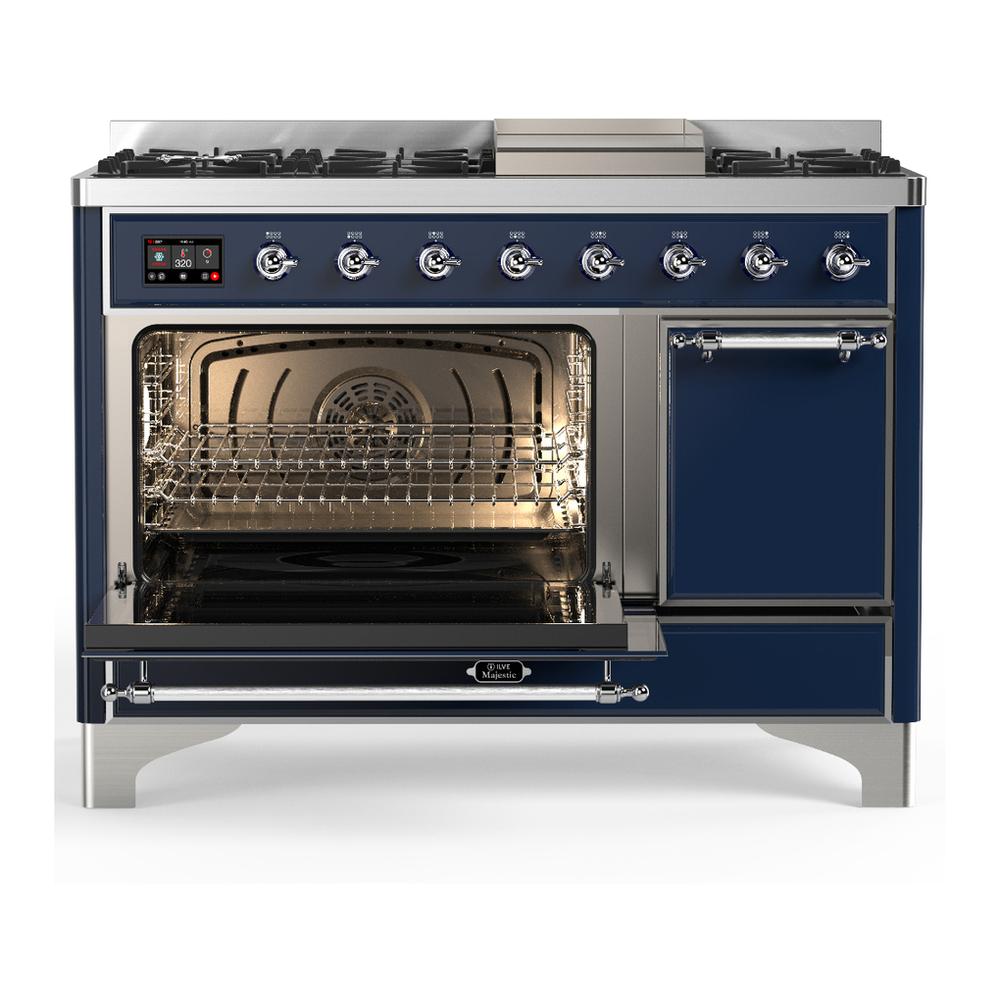 Ilve UM48FQNR3MBCLP Ilve Um48Fqnr3Mbclp Majestic Iii 48 Inch Dual Fuel Range With 8 Burners And Griddle, Dual Function Burner Up To 25,000 Btu (Liquid Propane, Solid Door, Midnight Blue, Chrome)