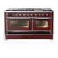 Ilve UM60FNR3BUC Ilve Um60Fnr3Buc Majestic Iii 60 Inch Dual Fuel Range With 9 Burners And Griddle, Dual Function Burner Up To 25,000 Btu (Natural Gas, Triple Glass Door, Burgundy, Chrome)