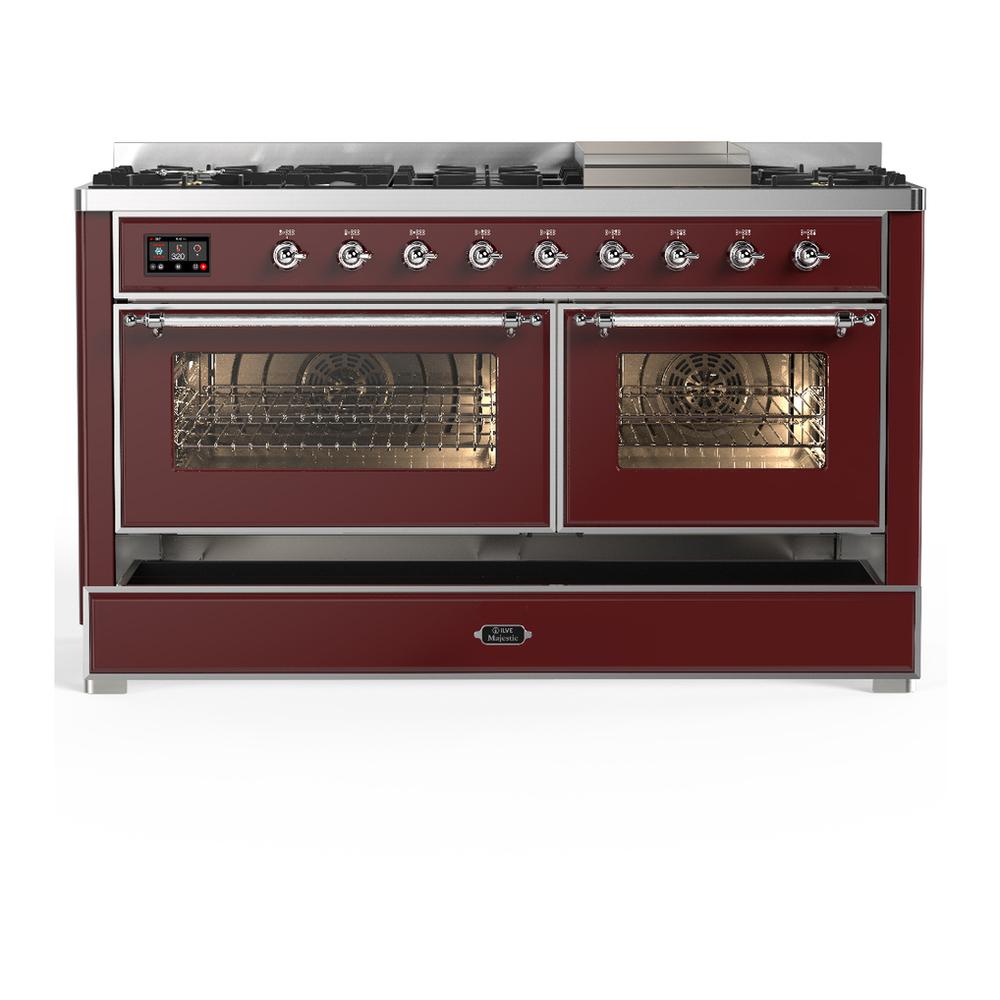 Ilve UM60FNR3BUC Ilve Um60Fnr3Buc Majestic Iii 60 Inch Dual Fuel Range With 9 Burners And Griddle, Dual Function Burner Up To 25,000 Btu (Natural Gas, Triple Glass Door, Burgundy, Chrome)