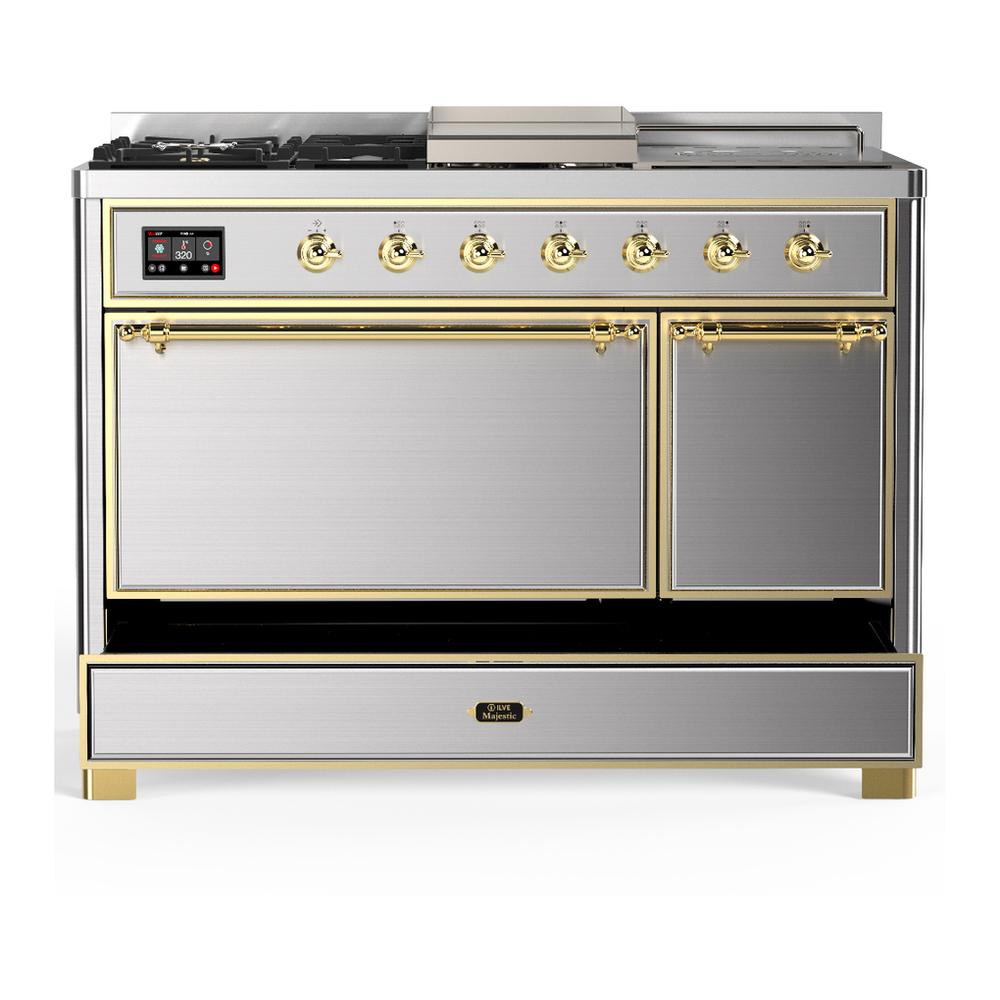 Ilve UM48FSQNR3SSGLP Ilve Um48Fsqnr3Ssglp Majestic Iii 48 Inch Dual Fuel Range With 5 Black Brass Burners, Griddle And French Top, Dual Function Burner Up To 25,000 Btu (Liquid Propane, Solid Door, Stainless Steel, Brass)
