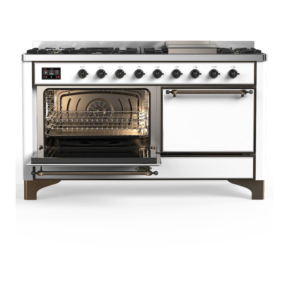 Ilve UM60FQNR3WHB Ilve Um60Fqnr3Whb Majestic Iii 60 Inch Dual Fuel Range With 9 Burners And Griddle, Dual Function Burner Up To 25,000 Btu (Natural Gas, Solid Door, White, Burnished)