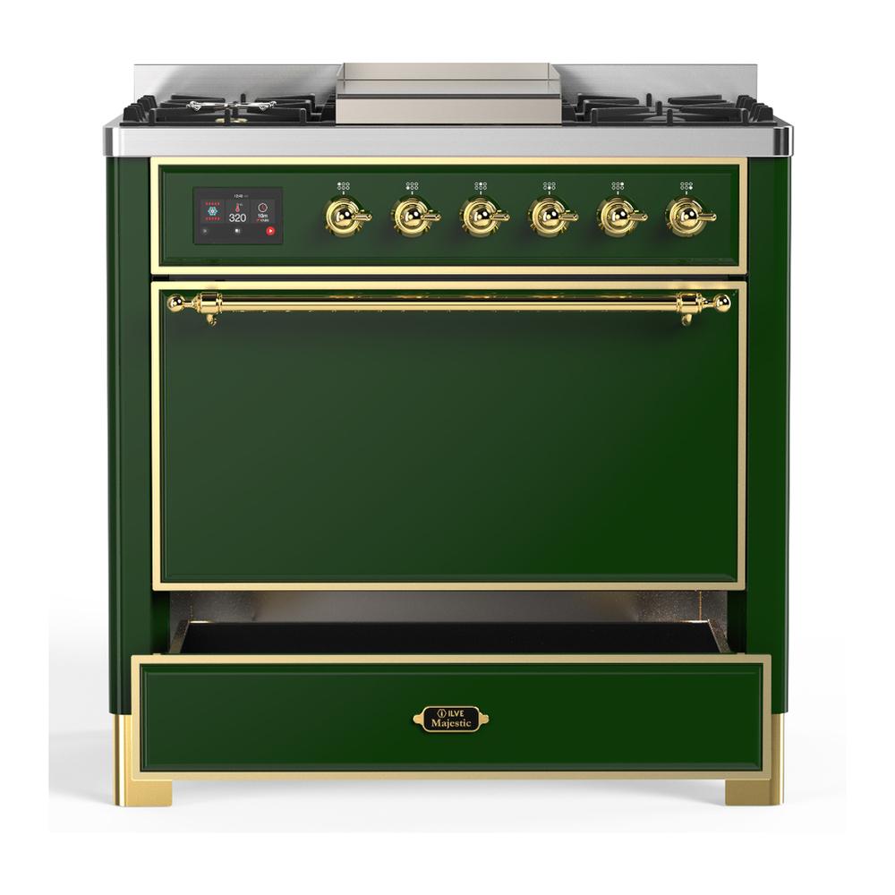 Ilve UM36FQNR3EGG Ilve Um36Fqnr3Egg Majestic Iii 36 Inch Dual Fuel Range With 6 Black Brass Burners And Griddle, Dual Function Burner Up To 25,000 Btu (Solid Door, Emerald Green, Brass, Natural Gas)