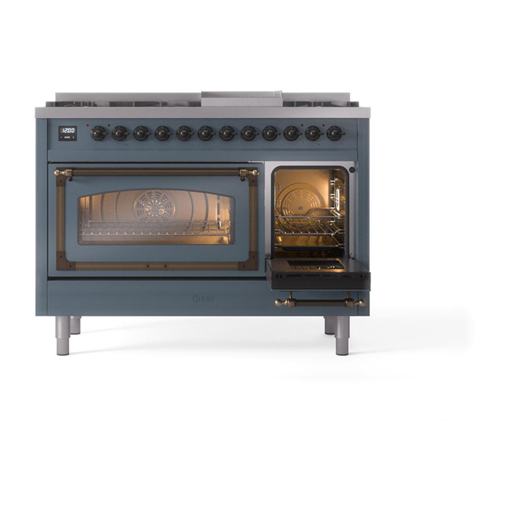 Ilve UN48FNMPBGB Ilve Un48Fnmpbgb Nostalgie Ii Noblesse 48" Dual Fuel Range (8 Sealed Burners + Griddle, Natural Gas, Triple Glass Door, Blue Grey, Burnished)