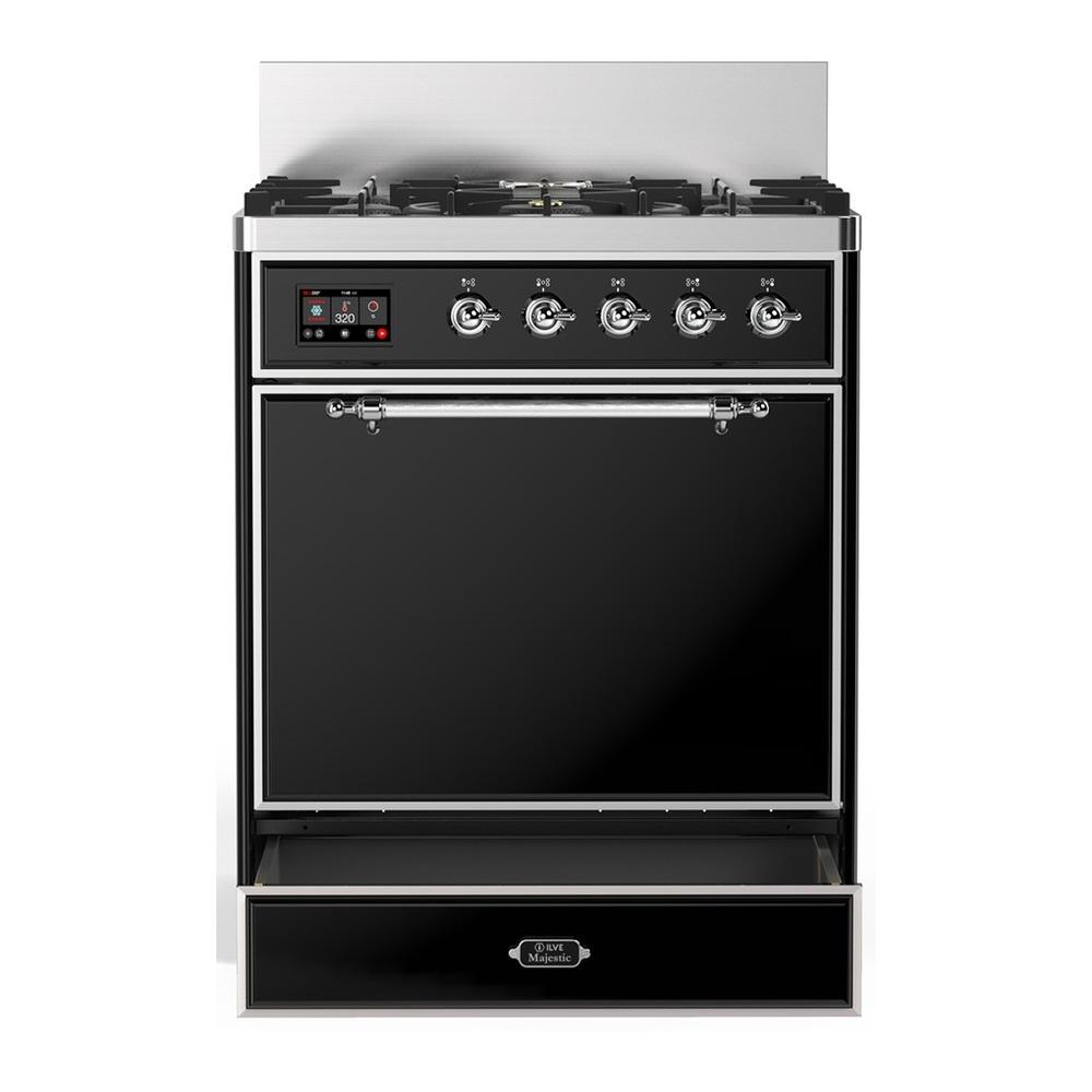 Ilve UM30QNR3BKCLP Ilve Um30Qnr3Bkclp Majestic Iii 30 Inch Dual Fuel Range With 5 Black Brass Burners, Dual Function Burner Up To 25,000 Btu (Liquid Propane, Solid Door, Glossy Black, Chrome)