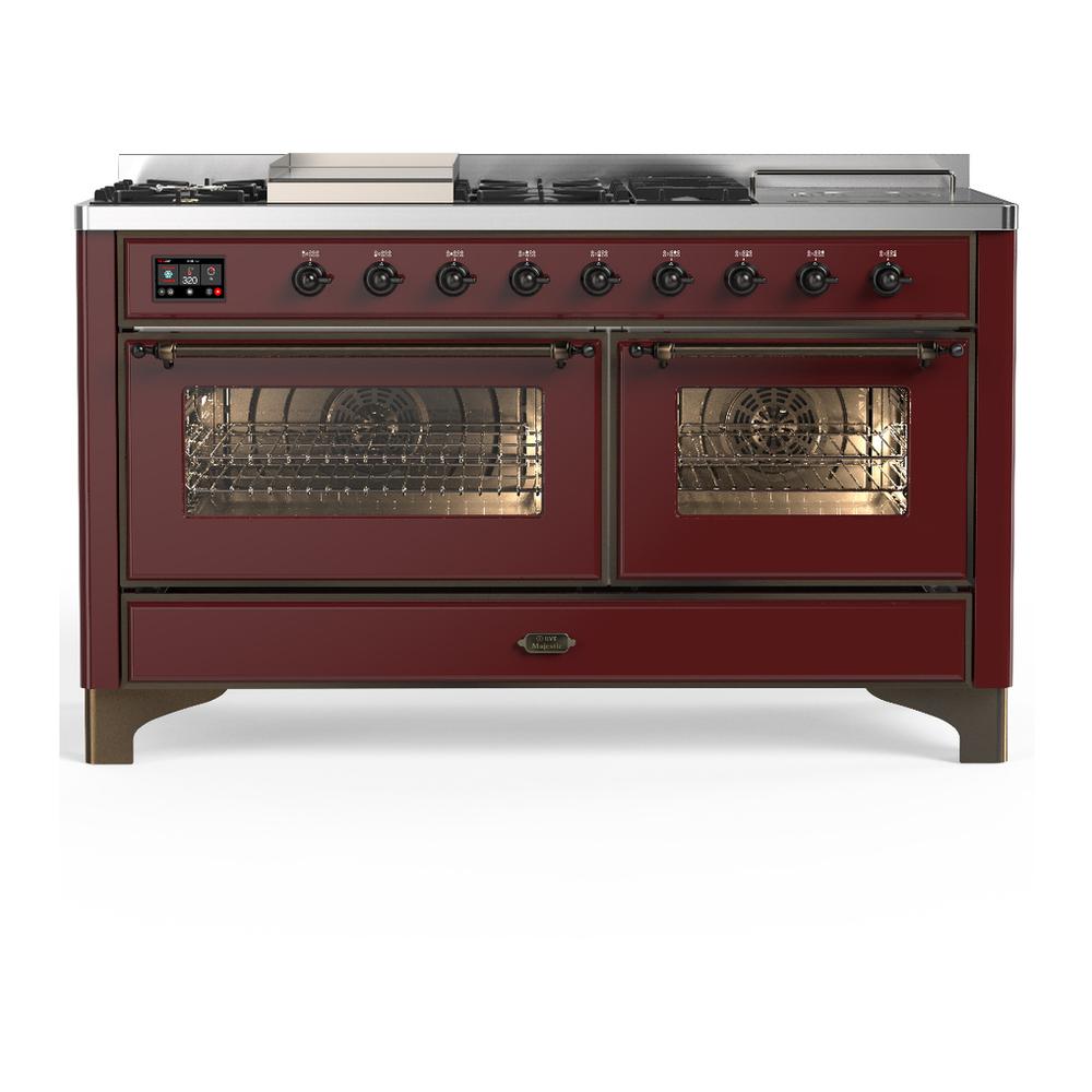 Ilve UM60FSNR3BUBLP Ilve Um60Fsnr3Bublp Majestic Iii 60 Inch Dual Fuel Range With 7 Burners, Griddle And French Top, Dual Function Burner With Up To 25,000 Btu (Liquid Propane, Triple Glass Door, Burgundy, Burnished)