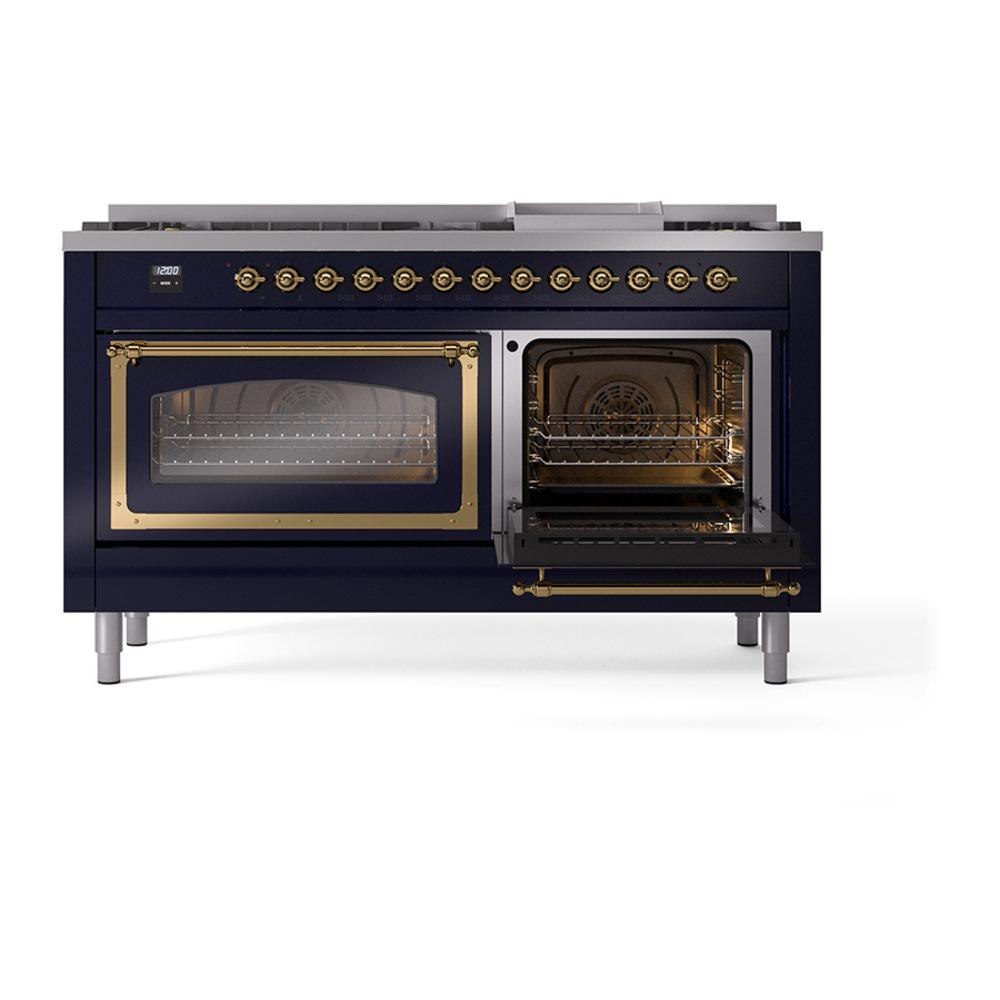 Ilve UN60FNMPMBG Ilve Un60Fnmpmbg Nostalgie Ii Noblesse 60" Dual Fuel Range (9 Sealed Burners + Griddle, Natural Gas, Triple Glass Door, Midnight Blue, Brass)