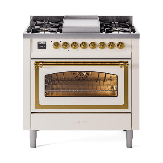 Ilve UN36FNMPAWG Ilve Un36Fnmpawg Nostalgie Ii Noblesse 36" Dual Fuel Range (Natural Gas, Triple Glass Door, Antique White, Brass)
