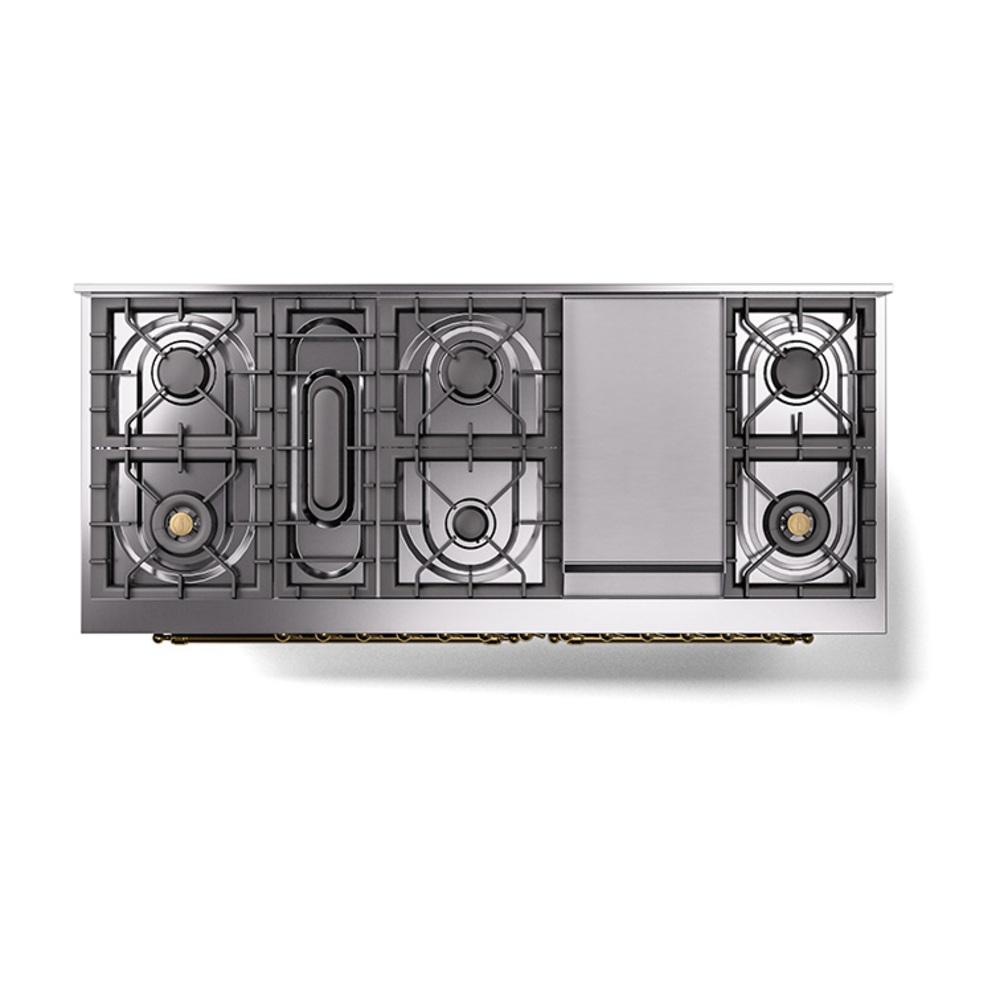 Ilve UN60FQNMPBKG Ilve Un60Fqnmpbkg Nostalgie Ii Noblesse 60" Dual Fuel Range (9 Sealed Burners + Griddle, Natural Gas, Solid Door, Glossy Black, Brass)