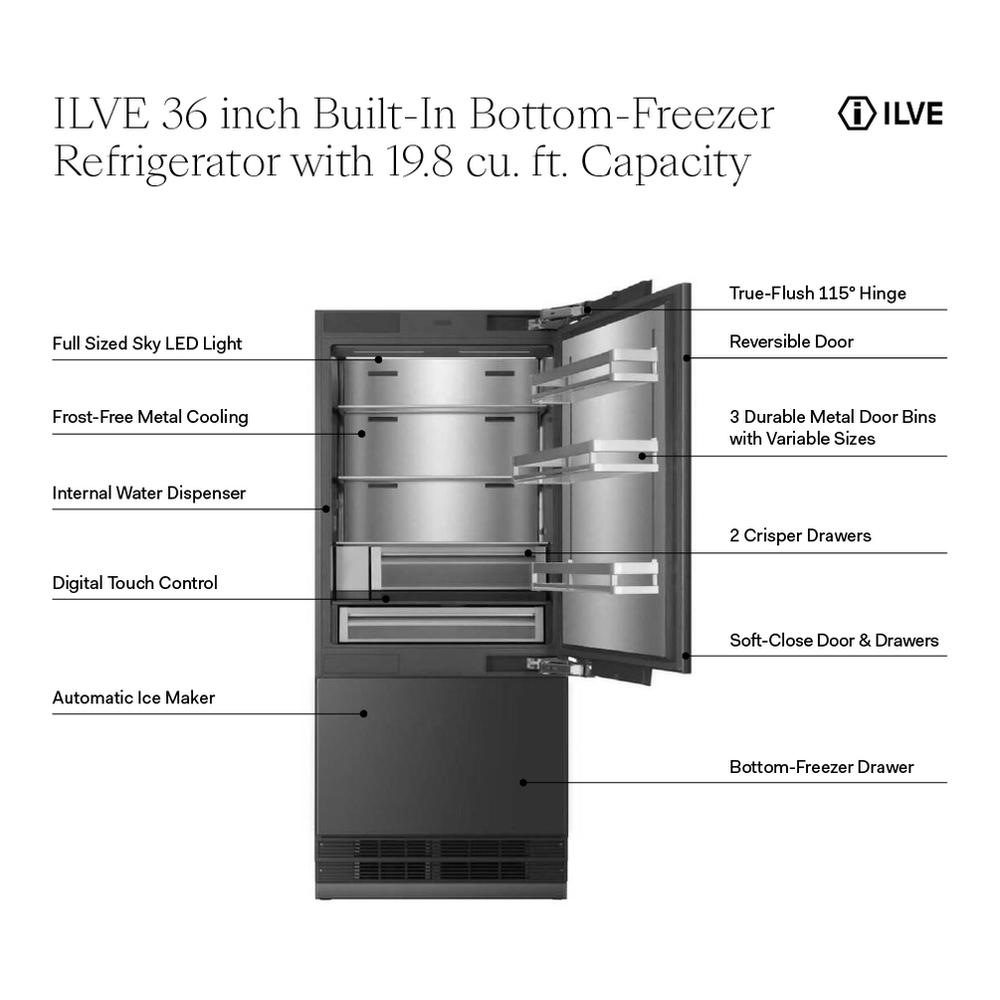 Ilve URBM36SIWPRY Ilve Urbm36Siwpry 36 Inch Built-In Bottom Freezer Refrigerator With 19.8 Cu. Ft. Capacity, Reversible Door, Energy Star, Sabbath Mode