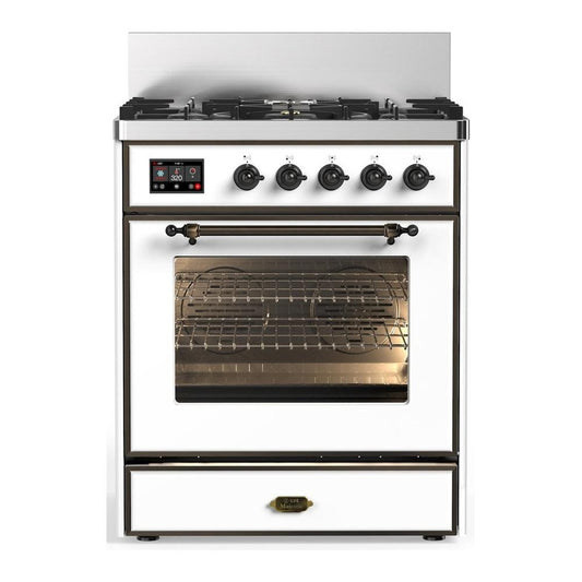Ilve UM30NR3WHB Ilve Um30Nr3Whb Majestic Iii 30 Inch Dual Fuel Range With 5 Black Brass Burners, Dual Function Burner Up To 25,000 Btu (Natural Gas, Triple Glass Door, White, Burnished)