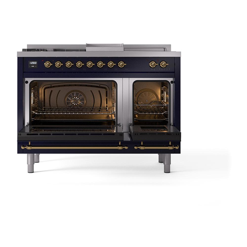 Ilve UN48FSNMPMBG Ilve Un48Fsnmpmbg Nostalgie Ii Noblesse 48" Dual Fuel Range (5 Sealed Burners + Griddle + French Top, Natural Gas, Triple Glass Door, Midnight Blue, Brass)