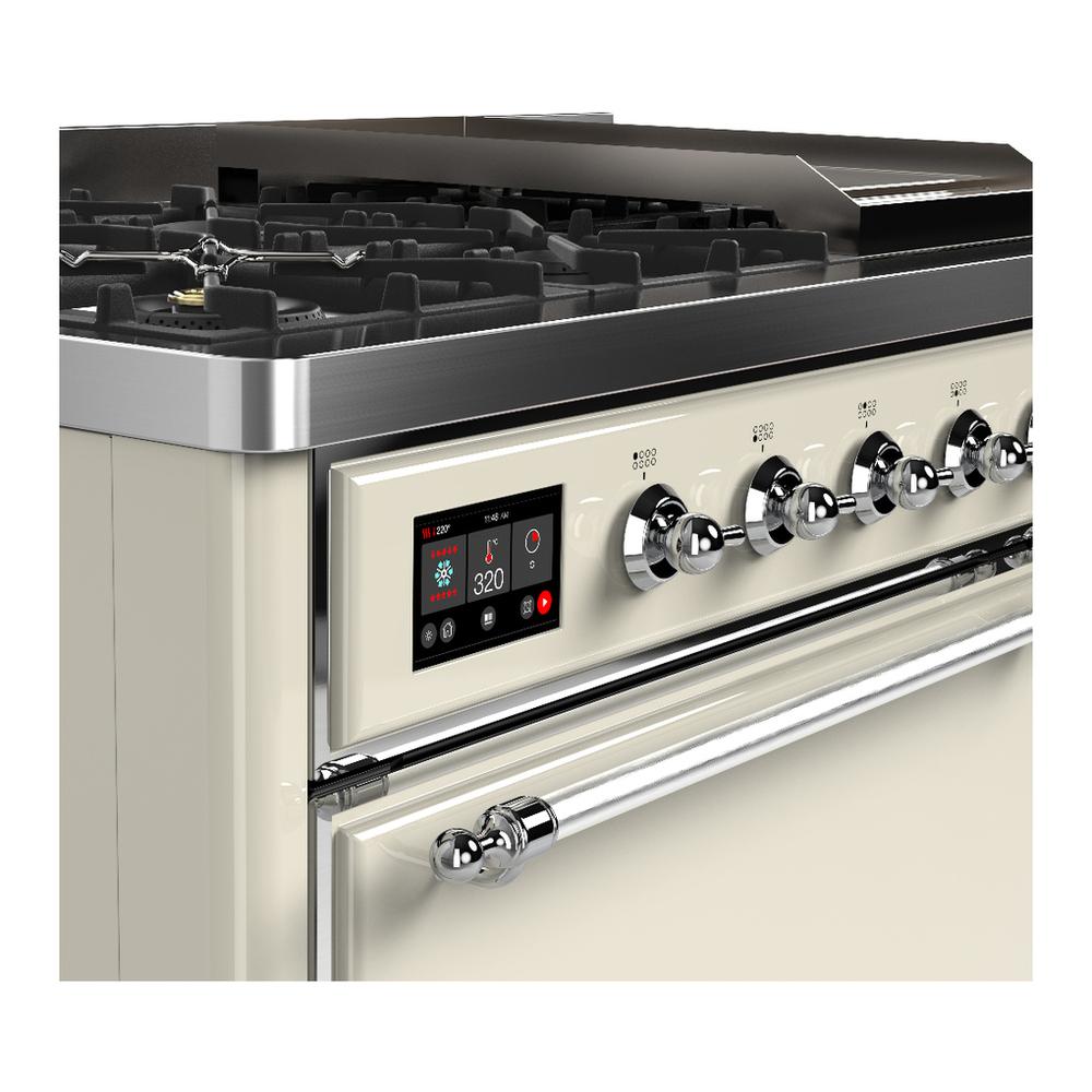 Ilve UM48FQNR3AWCLP Ilve Um48Fqnr3Awclp Majestic Iii 48 Inch Dual Fuel Range With 8 Burners And Griddle, Dual Function Burner Up To 25,000 Btu (Liquid Propane, Solid Door, Antique White, Chrome)