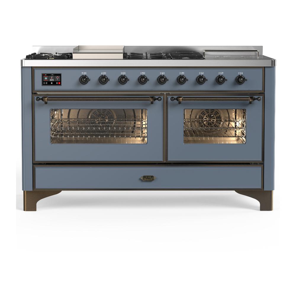 Ilve UM60FSNR3BGBLP Ilve Um60Fsnr3Bgblp Majestic Iii 60 Inch Dual Fuel Range With 7 Burners, Griddle And French Top, Dual Function Burner With Up To 25,000 Btu (Liquid Propane, Triple Glass Door, Blue Grey, Burnished)