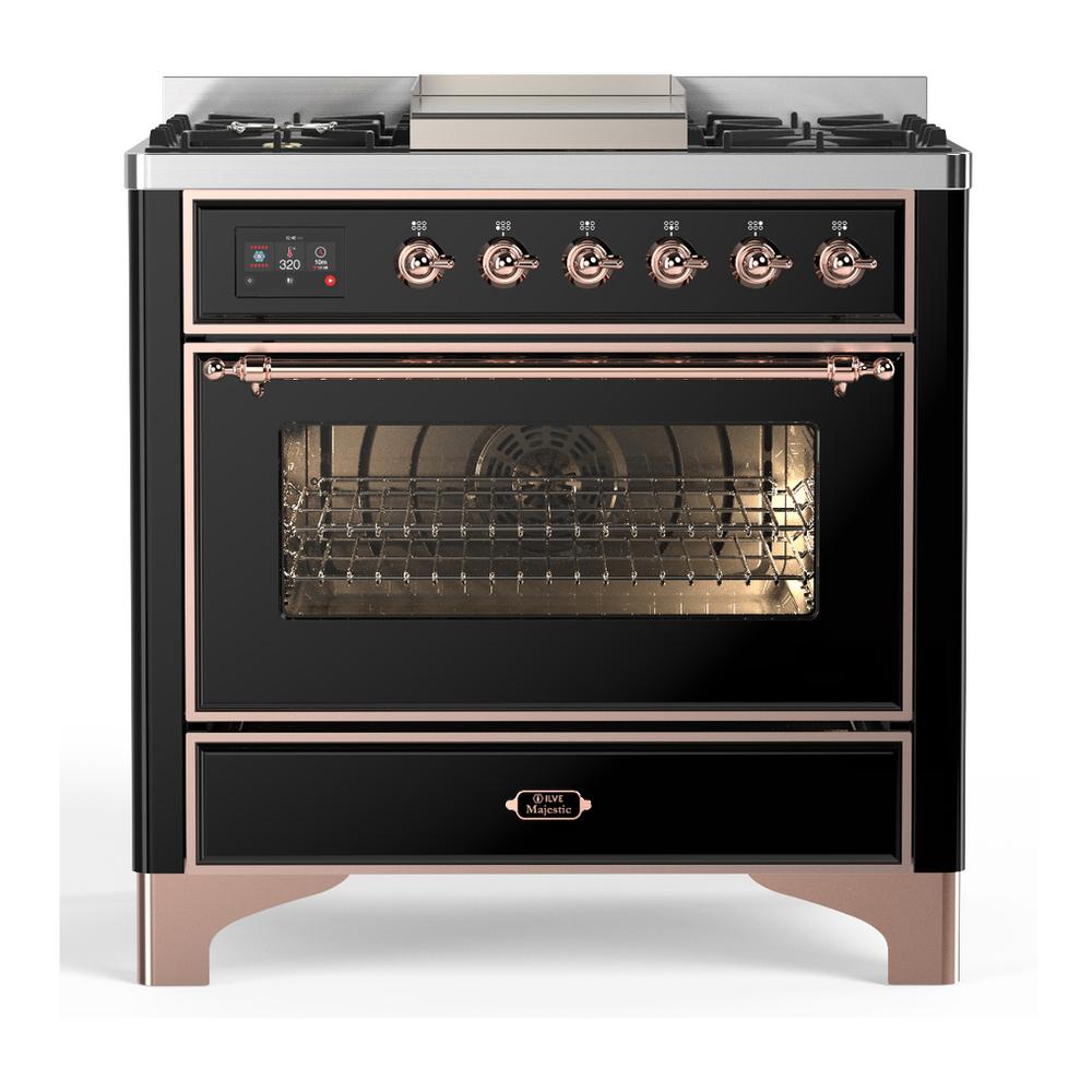Ilve UM36FNR3BKP Ilve Um36Fnr3Bkp Majestic Iii 36 Inch Dual Fuel Range With 6 Black Brass Burners And Griddle, Dual Function Burner Up To 25,000 Btu (Triple Glass Door, Glossy Black, Copper, Natural Gas)