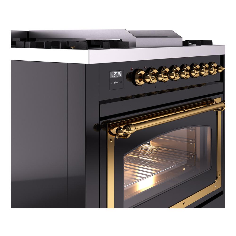 Ilve UN36FNMPBKG Ilve Un36Fnmpbkg Nostalgie Ii Noblesse 36" Dual Fuel Range (Natural Gas, Triple Glass Door, Glossy Black, Brass)