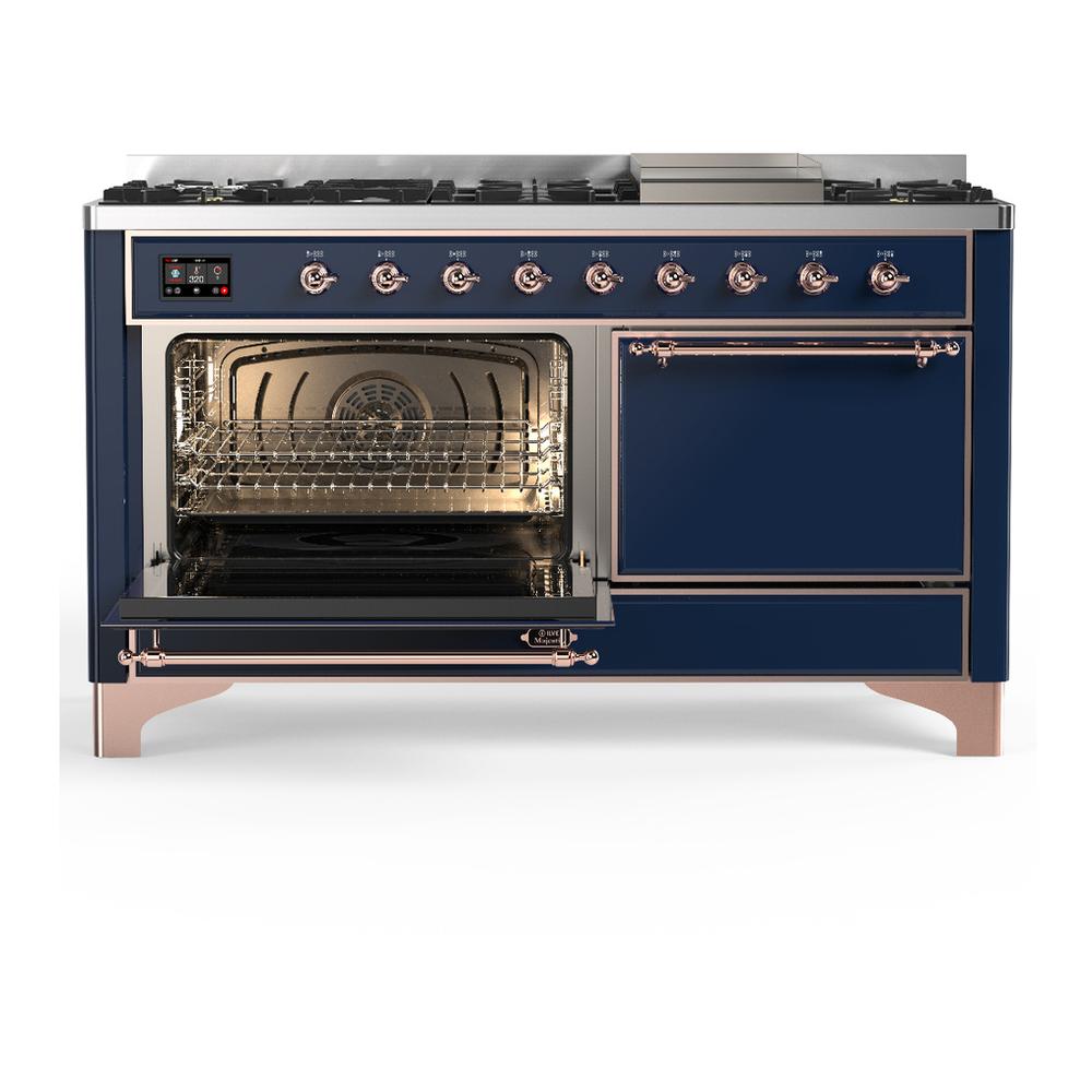 Ilve UM60FQNR3MBP Ilve Um60Fqnr3Mbp Majestic Iii 60 Inch Dual Fuel Range With 9 Burners And Griddle, Dual Function Burner Up To 25,000 Btu (Natural Gas, Solid Door, Midnight Blue, Copper)