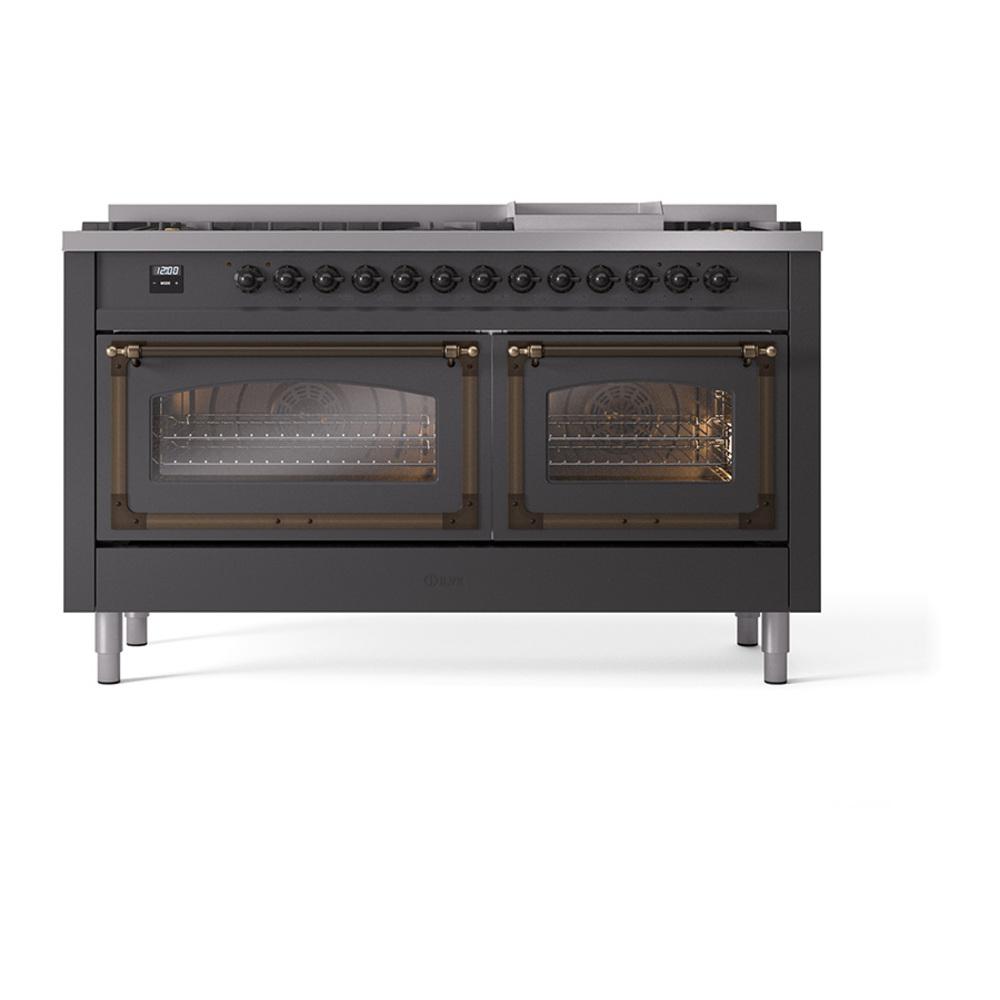 Ilve UN60FNMPMGBLP Ilve Un60Fnmpmgblp Nostalgie Ii Noblesse 60" Dual Fuel Range (9 Sealed Burners + Griddle, Liquid Propane, Triple Glass Door, Graphite Matte, Burnished)