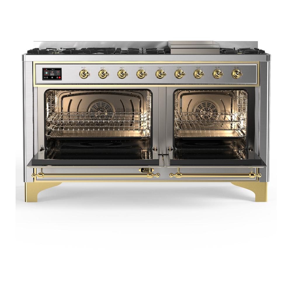 Ilve UM60FNR3SSGLP Ilve Um60Fnr3Ssglp Majestic Iii 60 Inch Dual Fuel Range With 9 Burners And Griddle, Dual Function Burner Up To 25,000 Btu (Liquid Propane, Triple Glass Door, Stainless Steel, Brass)