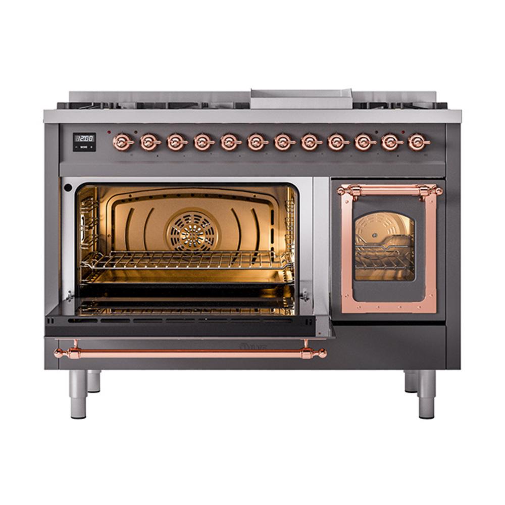 Ilve UN48FNMPMGP Ilve Un48Fnmpmgp Nostalgie Ii Noblesse 48" Dual Fuel Range (8 Sealed Burners + Griddle, Natural Gas, Triple Glass Door, Graphite Matte, Copper)