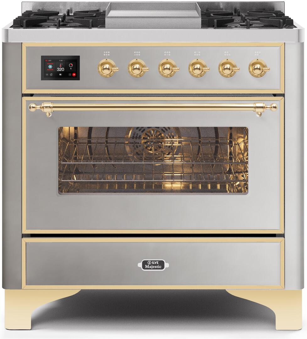 Ilve UM09FDNS3SSG Majestic Ii 36 Inch Dual Fuel Natural Gas Freestanding Range In Stainless Steel With Brass Trim