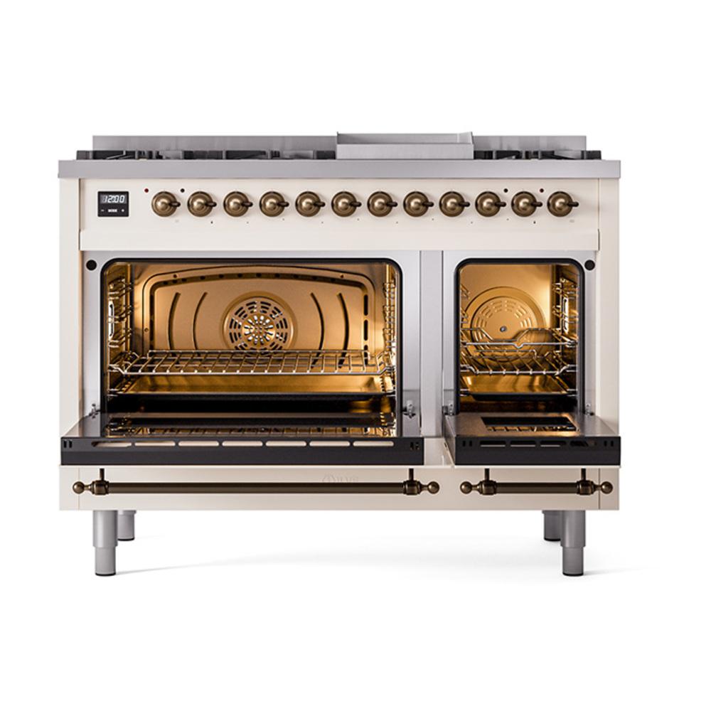 Ilve UN48FQNMPAWB Ilve Un48Fqnmpawb Nostalgie Ii Noblesse 48" Dual Fuel Range (8 Sealed Burners + Griddle, Natural Gas, Solid Door, Antique White, Burnished)