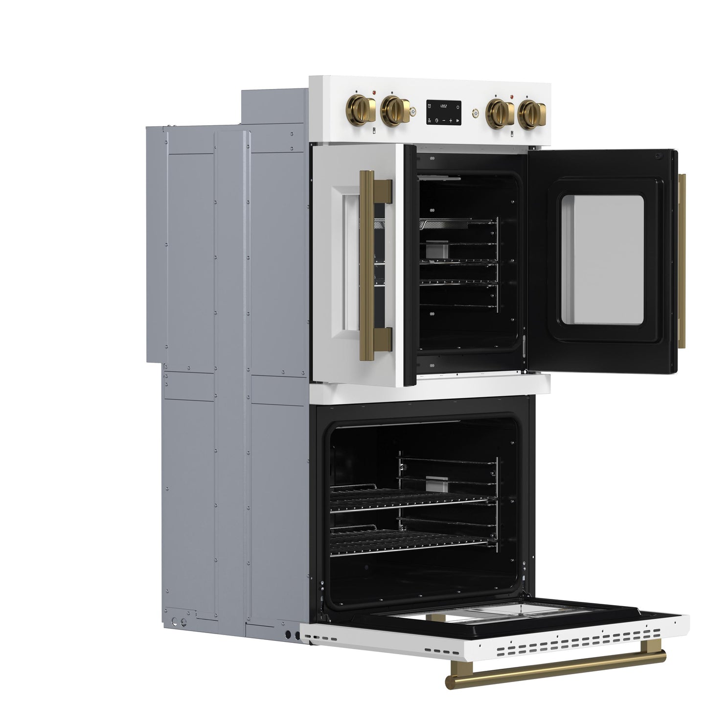 Forno FBOEL134030WHT Forno Asti 30-Inch Double Electric Wall Oven With Upper French Doors In White & Antique Brass, 7.36 Cu. Ft. Dual True Convection, 7,200W, Air Fry, Sous Vide, Self-Clean