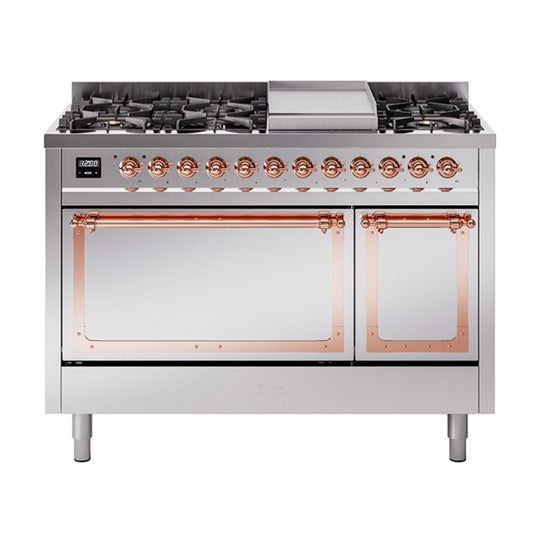 Ilve UN48FQNMPSSPLP Ilve Un48Fqnmpssplp Nostalgie Ii Noblesse 48" Dual Fuel Range (8 Sealed Burners + Griddle, Liquid Propane, Solid Door, Stainless Steel, Copper)